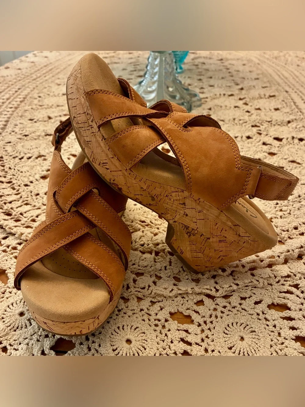 Clarks Giselle Tan Leather Cork Wedge Sandal